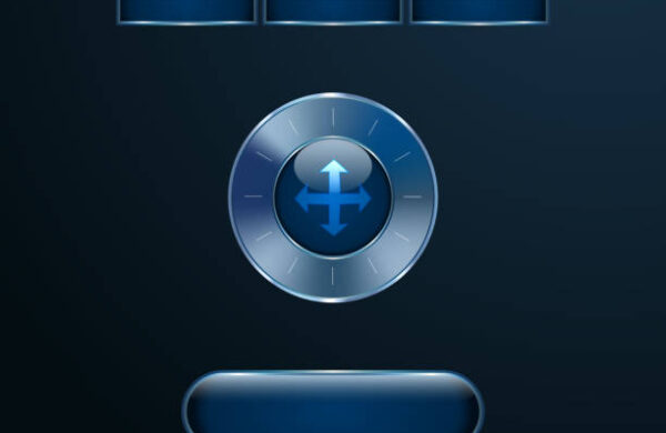 Blue glass futuristic user interface buttons, tabs and round control knob with chrome metallic frames on dark blue background. Vector illustration